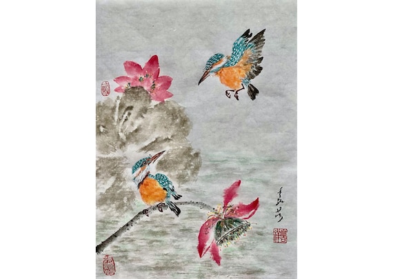 Original Chinese brush painting, Sumi-e traditional art, "Kingfisher & Lotus" #1, Size "12 x 16" / 30 x 40cm. Customer Order Welcome