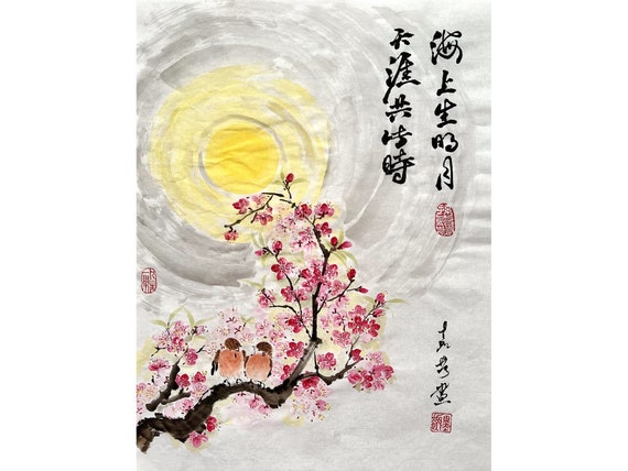 Original Chinese painting / Hand Painted brush painting / water-ink painting / Bird & Flower Painting / 2 Birds on Plum Tree / 30cm x 40cm