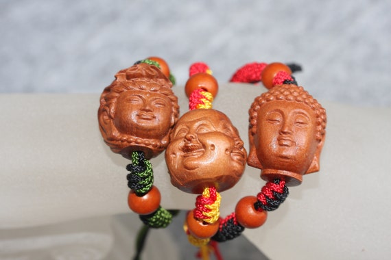 Carved Peach Wood Bead / Buddhism Buddha and GuanYin Face Bracelet /Amulet and Good Luck Bracelet / Braided Rope Bracelet / Adjustable