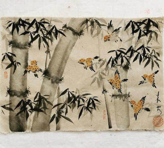 Original Chinese painting on handmade herb paper "Sparrow & Bamboo"#002