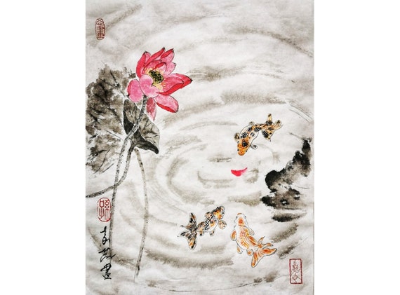 Original Chinese / Japanese brush water-ink painting "Ripple" -Gold Fish & Lotus /Home Decoration / Auspicious / Good Luck