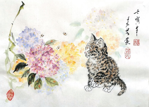 Original Sumi-e Painting /Chinese Traditional painting / Cat Painting / "Kitty, Bees and Hydrangeas"