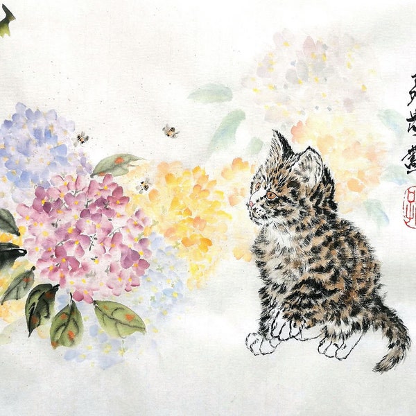 Peinture Sumi-e originale /Peinture traditionnelle chinoise / Peinture de chat / "Kitty, Bees and Hortensias"