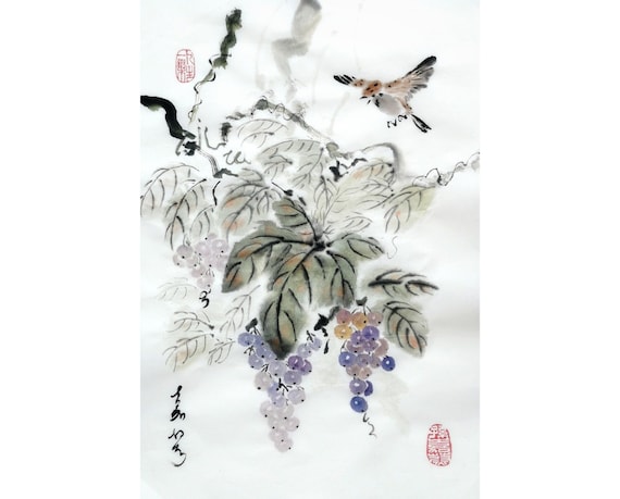 Original Chinese painting,  brush water-ink painting, traditional art "Grape Tree & Bird" Size 10" x 14"#1