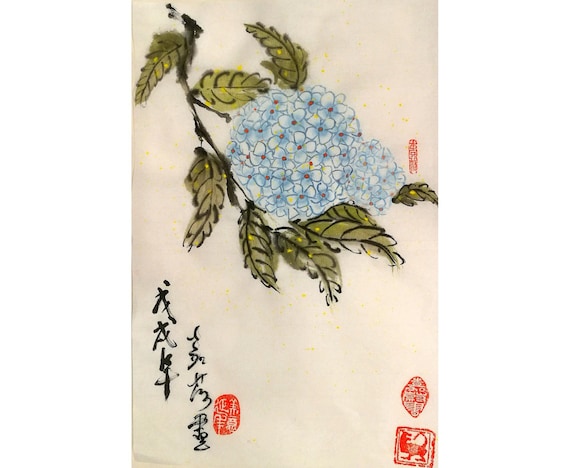 Original Chinese brush water-ink painting "Blue Hydrangea" /Home Decoration / Auspicious / Good Luck