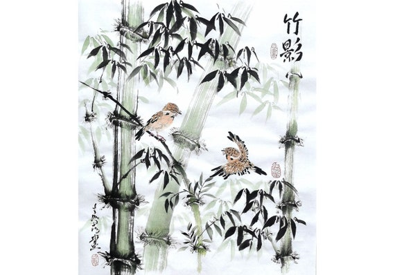 Original Chinese painting / Sumi-e painting / water-ink painting / Banboo and Birds /16" x 20" /40cm x 50cm