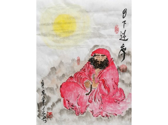 Original Chinese water-ink painting, Chinese art, Traditional art, Yoga Meditation painting, Buddhism "Bodhidharma - Under the Moon"