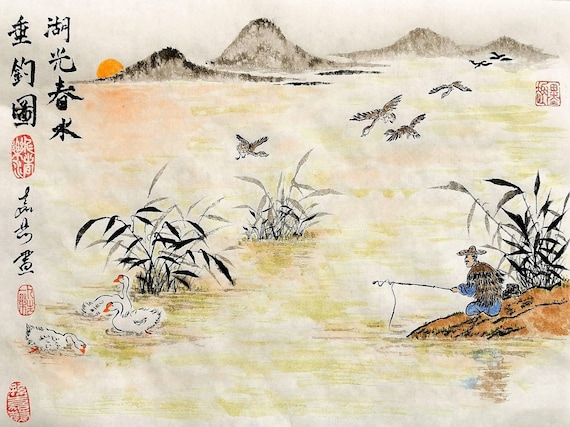 Original Sumi-e Landscape painting / Chinese Traditional art / Hand Painted / Brush Painting / Fishing on the lake in spring /30 x 40cm