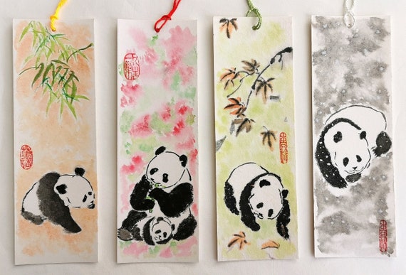 Hand painted book mark, Original Chinese brush water-ink painting / Chinese painting/ "Panda in 4 Seasons"