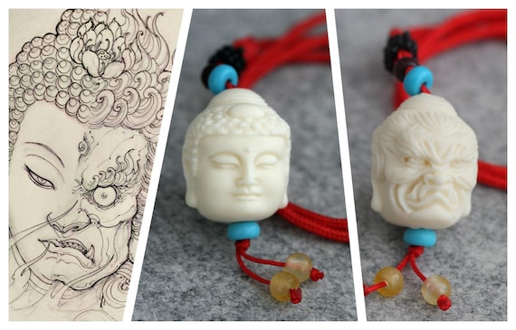 Hand Carved Tagua Nut Buddhism Buddha & Davil Face Necklace /Vegetable Ivory Jewellery/Amulet Jewellery/ Meditation Necklace/ Yoga Jewellery