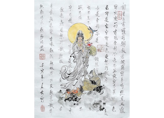 Original Chinese painting / Sumi-e Painting /Handwriting calligraphy Brush painting "Guanyin - Heart Sutra" / Meditation Yoga Painting