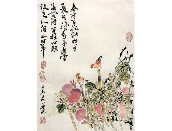 Original Chinese painting brush art water-ink painting "Birds & Morning Glory"
