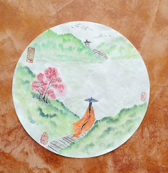 Chinese Painting / Original Brush Hand Painting/ Landscape Painting / Lady Figure / "Dreamer" / Diameter 13" Round Shape