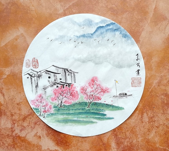 Chinese Painting / Original Brush Painting / Landscape Painting / "Jiangnan Water Town" / Diameter 13" Round Shape