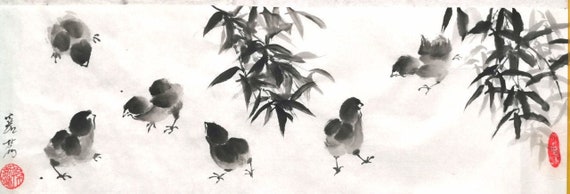 9" x 28" Original Chinese painting, brush water-ink painting, traditional art "6 Chicks & Bamboo" #004