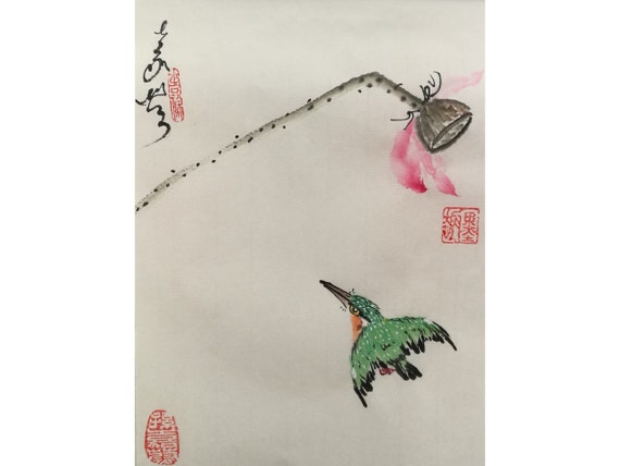 7" x 9" Original Chinese brush water-ink painting "Kingfisher & Lotus" #008
