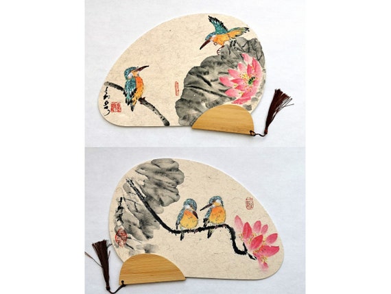 Original Hand Painted on Chinese Fan / Kingfisher & Lotus Paintings in Double Face/ Chinese brush water-ink painting / Beauty Birds Fan