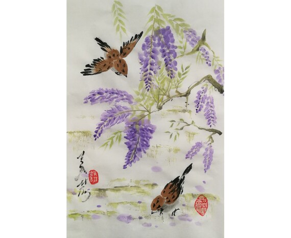 Original Chinese painting, brush water-ink painting,  traditional art "Wisteria Flower & Sparrow"#006