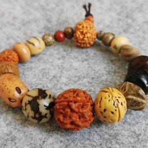 May include: A wooden beaded bracelet with a variety of colors and textures, including brown, beige, orange, and black. The bracelet has a knotted closure.