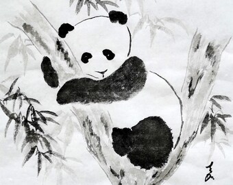 Panda Painting / Original Sumi-e Painting/ Brush Water-ink