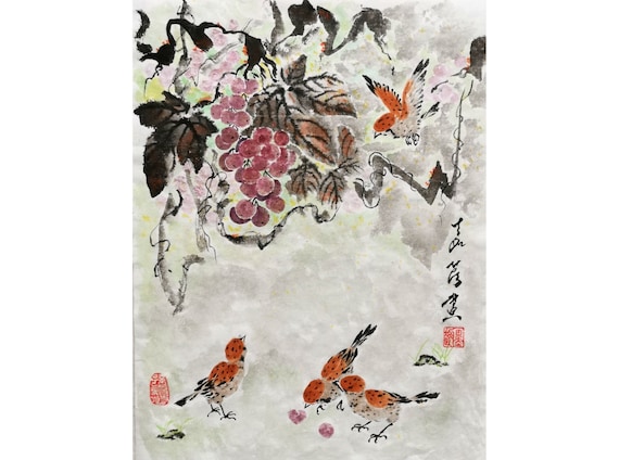 Original Chinese painting,  brush water-ink painting, traditional art "Grape Tree & Birds" Size 12" x 16"