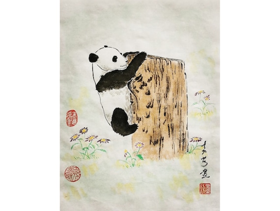 Original Sumi-e Painting, brush water-ink painting, Chinese Traditional art, "Panda" Colourful painting #00F