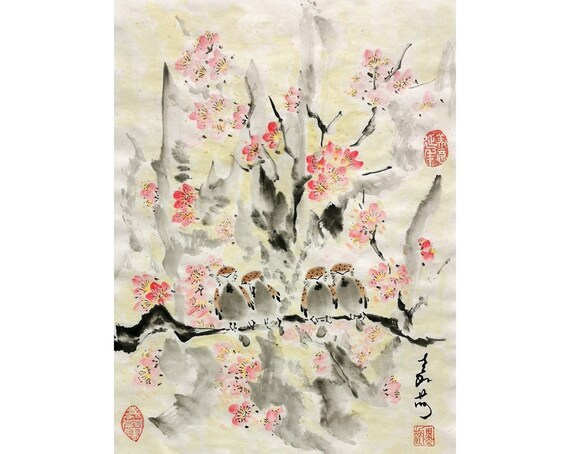 Sumi-e Painting /Original Chinese painting / Hand Painted brush painting / 4 Birds on Plum Tree /12" x 16" /30cm x 40cm