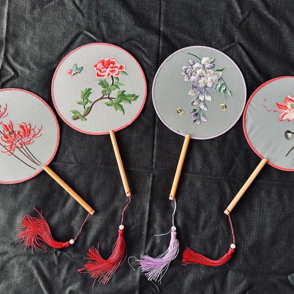 Handcrafted Chinese Traditional Embroidered Fan / Translucent Silk Fan / Embroidered Flower Fan/ Chinese Dance Beauty Fan