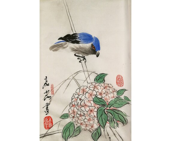 Bird Painting / Original Chinese brush Painting / water-ink painting "Blue Bird & Hydrangea