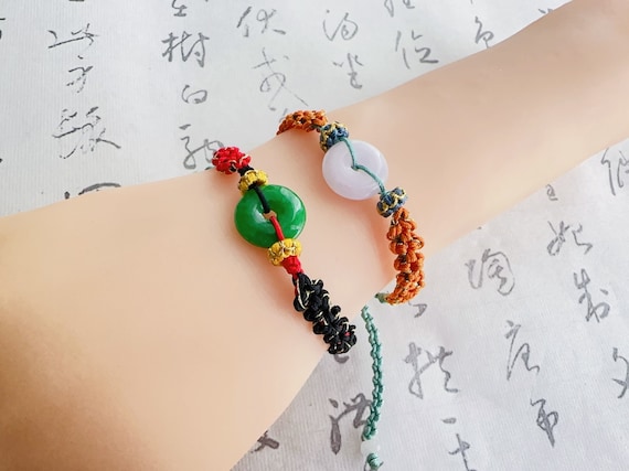Original Design Natural White & Green Dainty Jade Bracelet/Handmade Amulet Bracelet /Braided Rope Bracelet / Good Luck Bracelet /Adjustable