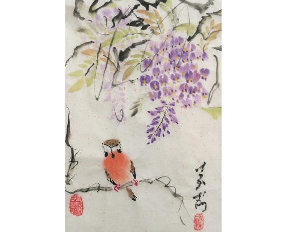 Original Chinese brush water-ink painting "Sparrow & Wisteria Flower"/ Home Decoration / Auspicious / Good Luck