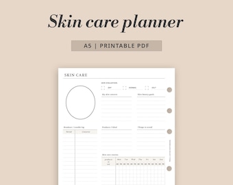 May include: A printable PDF skin care planner with the title "Skin care planner" at the top. The planner includes sections for skin evaluation, skin concerns, and a skin care routine chart. The text "A5 | PRINTABLE PDF" is also visible.