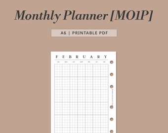 A6 - Monthly On One Page M01P | Blank Calendar Printable | Grid Monthly Planner PDF for Minimalist | Digital Download