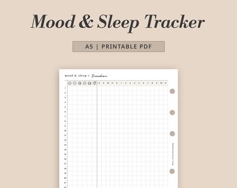 May include: A printable A5 mood and sleep tracker with a grid layout and a column for daily mood tracking using emojis. The tracker has a section for sleep hours and a section for notes.