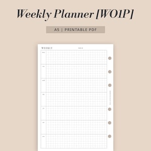 May include: A printable weekly planner in A5 size. The planner has a grid layout with space for each day of the week. The text "Weekly Planner [WO1P]" is at the top of the page. The text "A5 | PRINTABLE PDF" is below the title. The text "WEEKLY" is at the top of the planner. The text "week of" is at the top right of the planner. The text "Designed by Well Loved Notebook" is at the bottom of the page.