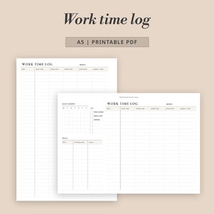 Peut inclure: Un modèle de journal de temps de travail imprimable au format A5. Le modèle comprend des sections pour la date, l'heure de début, l'heure de fin, la pause, le nombre total d'heures, le projet et les notes. Il y a également une section pour un planning de travail avec une clé pour les jours fériés, les congés annuels et les jours de maladie.