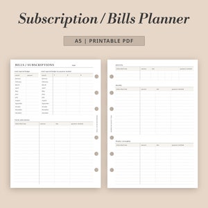 May include: A printable A5 planner for tracking bills and subscriptions. The planner is divided into sections for monthly, quarterly, weekly/bi-weekly, and yearly subscriptions. Each section has columns for the subscribed item, amount, due date, and payment method.