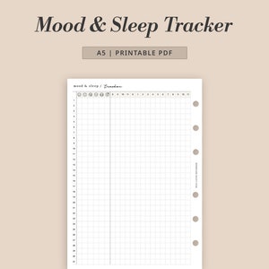 May include: A printable A5 mood and sleep tracker with a grid layout and a column for daily mood tracking using emojis. The tracker has a section for sleep hours and a section for notes.