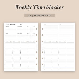 May include: A printable A5 weekly time blocker planner with a simple design. The planner has sections for weekly goals, morning and evening routines, priorities, and a daily schedule from Monday to Sunday.