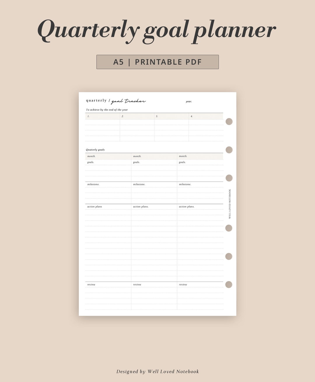 A5 - Quarterly Goal Planner Printable | Three Month Overview Template | Monthly Review Insert ...