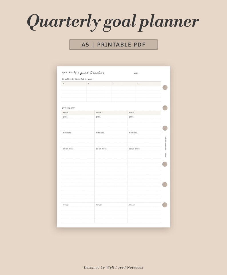 A5 Quarterly Goal Planner Printable Three Month Overview Template Monthly Review Insert Digital ...