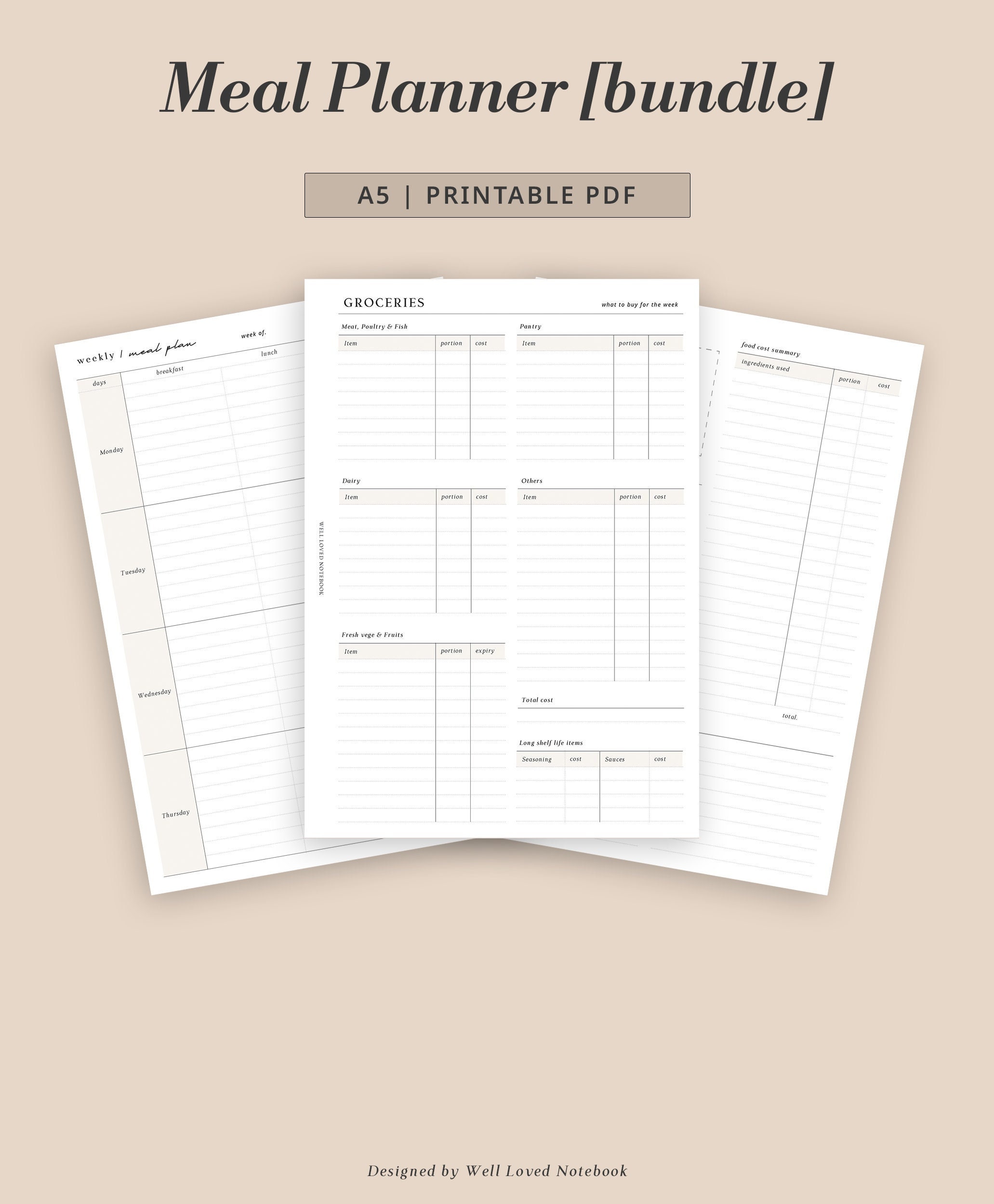 A5 - Meal Planner Printable | Weekly Meal Prep Template | Daily Recipe ...