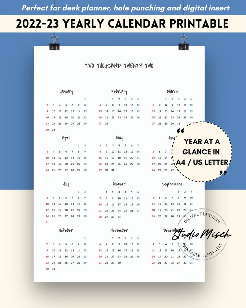 Cornell Calendar 2022 23 2022-23 Yearly Calendar Printable Year At A Glance Printable | Etsy