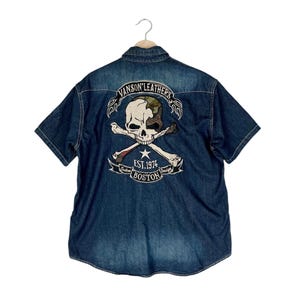 Vanson Leathers スカル刺繍ロゴデニムシャツ / レーシングバイク / スカルボーン / サイズ 23インチ x 29インチ