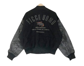 Vintage 90s Unknown Destination Varsity Wool Leather Jacket L Size