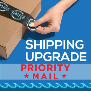 May include: A brown cardboard box with a black and blue sticker that says "Sticker Wave" is being taped shut with a hand. The text "SHIPPING UPGRADE" is in white letters on a blue background. Below that, the text "PRIORITY MAIL" is in red letters on a light blue background. The background is blue with a white wave pattern at the bottom.