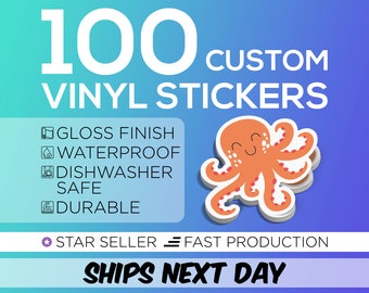 100 Custom Stickers - Waterproof Vinyl Die Cut Stickers - Logo Stickers - Free Proof & Free Shipping