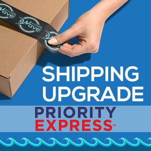 May include: A hand applying black and teal "Sticker Wave" tape to a cardboard box. The image features the words "SHIPPING UPGRADE" in white and "PRIORITY EXPRESS" in red on a blue background.