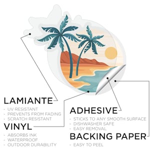 K&ouml;nnte beinhalten: Ein Aufkleber mit einer tropischen Strandkulisse mit Palmen, Sonnenuntergang und Sandstrand. Der Aufkleber besteht aus strapazierf&auml;higem Vinyl mit einer laminierten Oberfl&auml;che und einer abziehbaren Klebefolie.