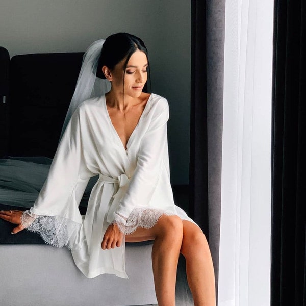 Bride robe with lace sleeves White boudoir robe Long silk robe Robe with lace sleeves  Bridesmaid robe Lace gown women